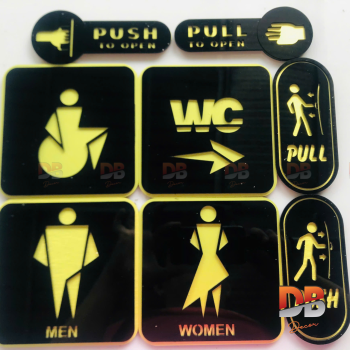 Bộ bảng chỉ dẫn WC – Push/Pull bằng alu vàng xước mica đen nổi